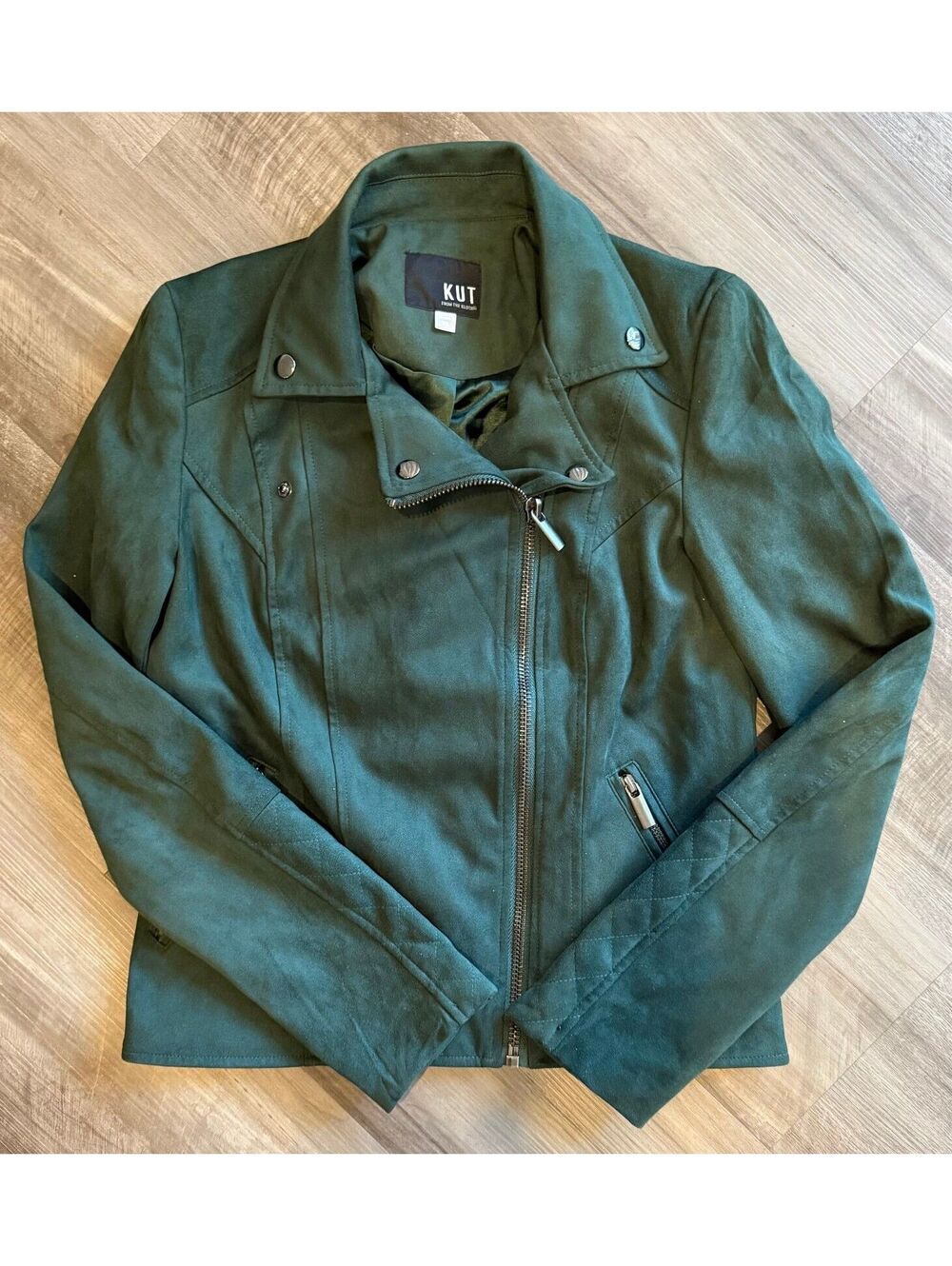 Kut From the Kloth Faux Suede Hunter Green Moto Jacket Size XS